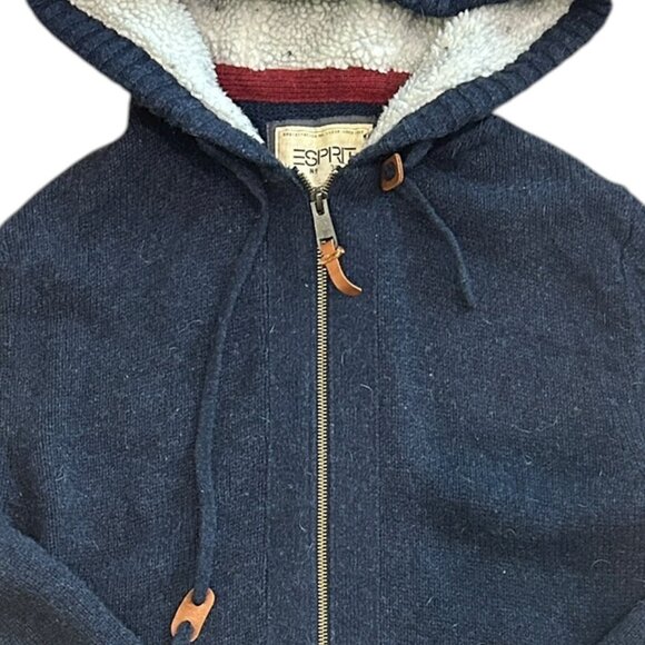 Vtg Esprit Men's Lambswool Hoodie Full Zip Navy Sz L Pockets Cozy Cabincore Ski - Picture 2 of 9